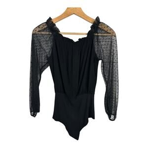 Tezenis Womens size Small Sheer Black Long Sleeve Swiss Dot Bodysuit